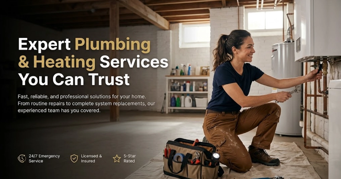 Plumber inspecting a residential boiler heating system